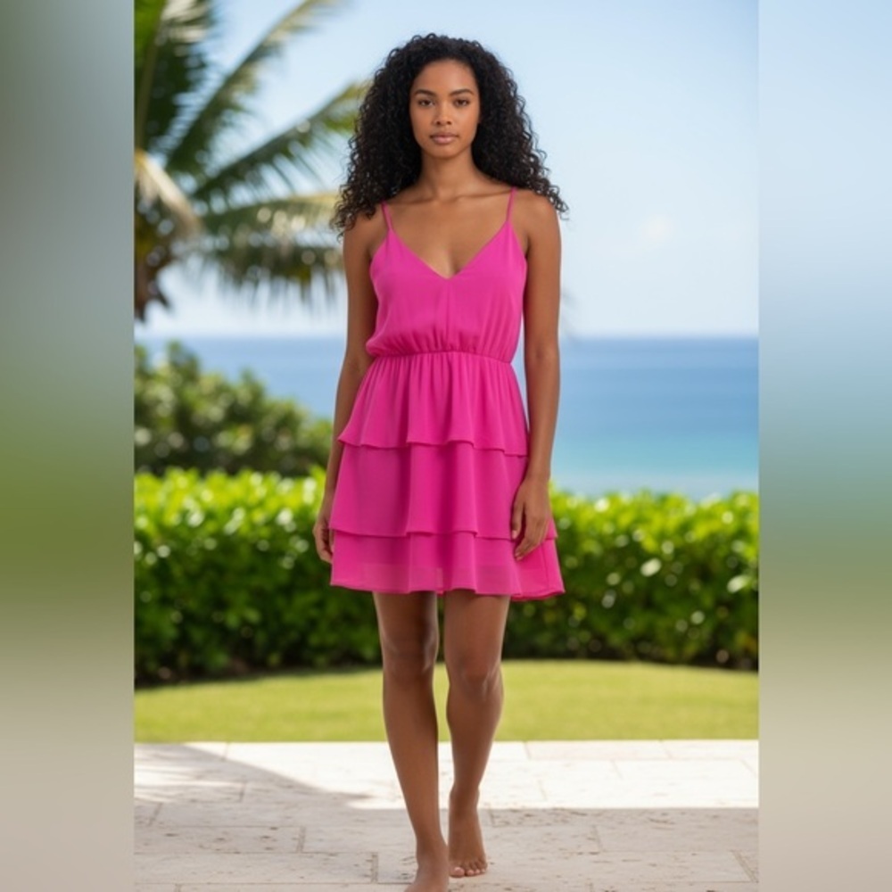 Caramela Fuchsia Tiered Chiffon Dress M/L – Bright Pink Layered Mini
